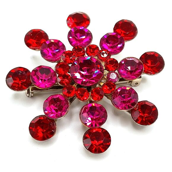 Vintage Red Pink Rhinestone Snowflake Brooch, 1950s, 2 1/8 Inch - Picture 11 of 11